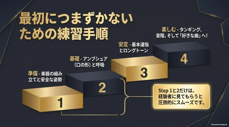楽器の準備と姿勢、アンブシュア、基本運指とロングトーン、タンギング・音階・曲の4段階