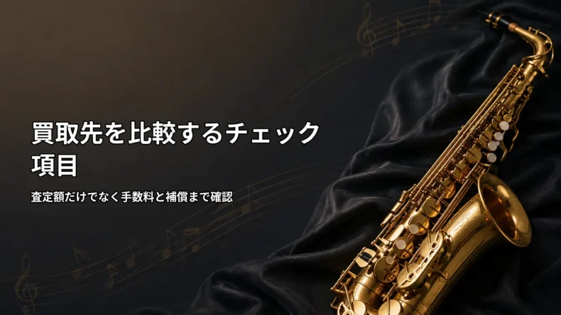 サックス買取先を選ぶ際に査定額だけでなく手数料や補償を確認するチェック項目のイメージ