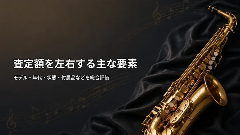 サックスの査定額を左右するモデル・年代・状態・付属品などの主な要素を示したイメージ