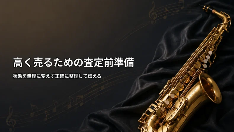 サックスを高く売るため、状態や付属品を整理し、査定へ備える準備のポイントを示したイメージ