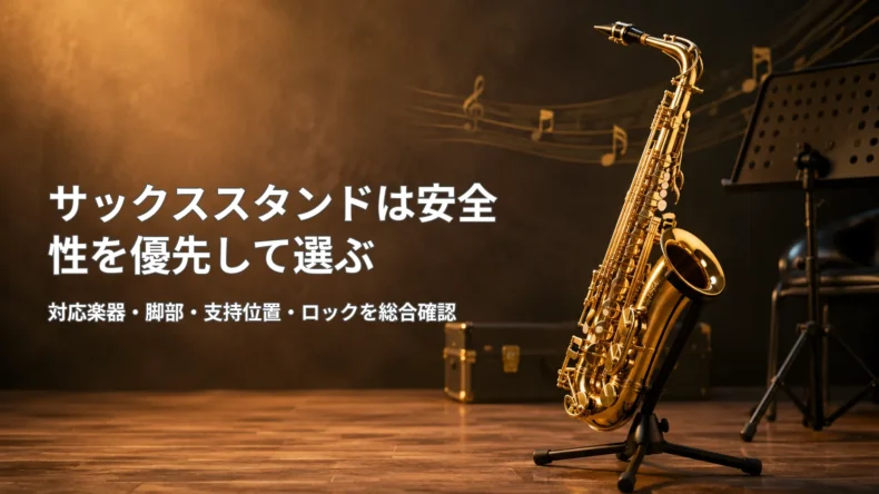 サックススタンドに立てたサックスと「安全性を優先して選ぶ」の文字、対応楽器・脚部・支持位置・ロックの確認項目
