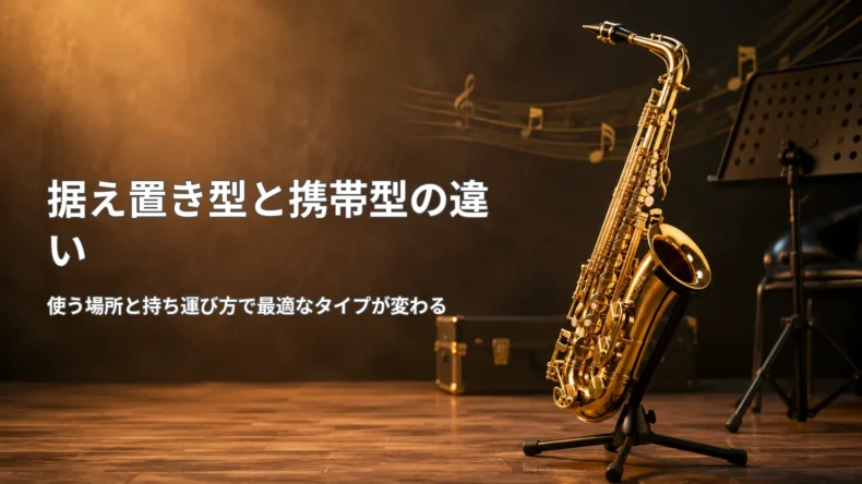 サックススタンドに立てたサックスと「据え置き型と携帯型の違い」の文字、使う場所と持ち運びでタイプが変わる説明
