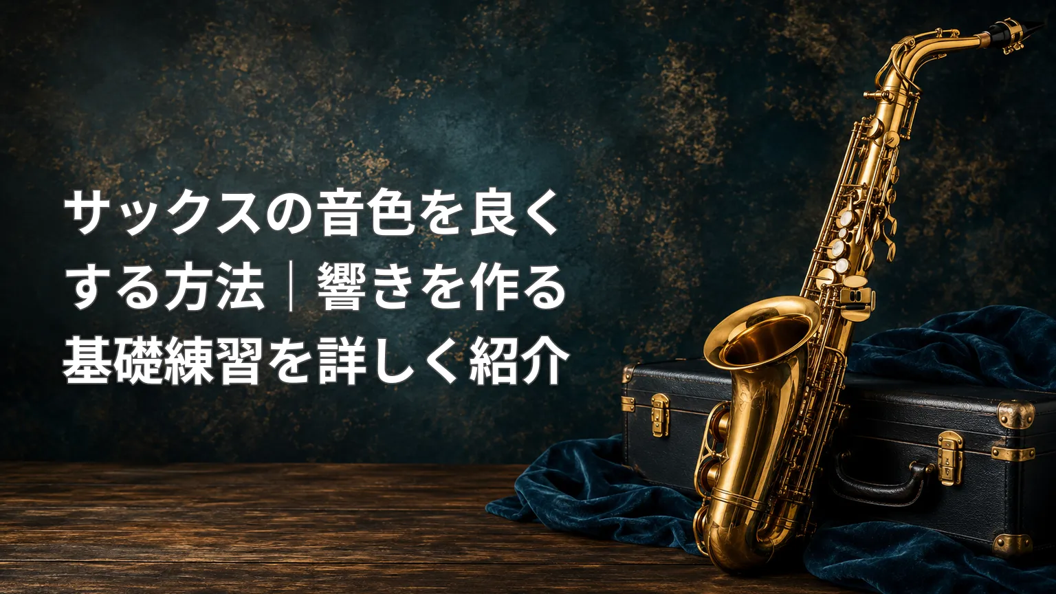 サックスとケースを背景に、音色を良くする方法と響きを作る基礎練習を紹介する記事のアイキャッチ画像