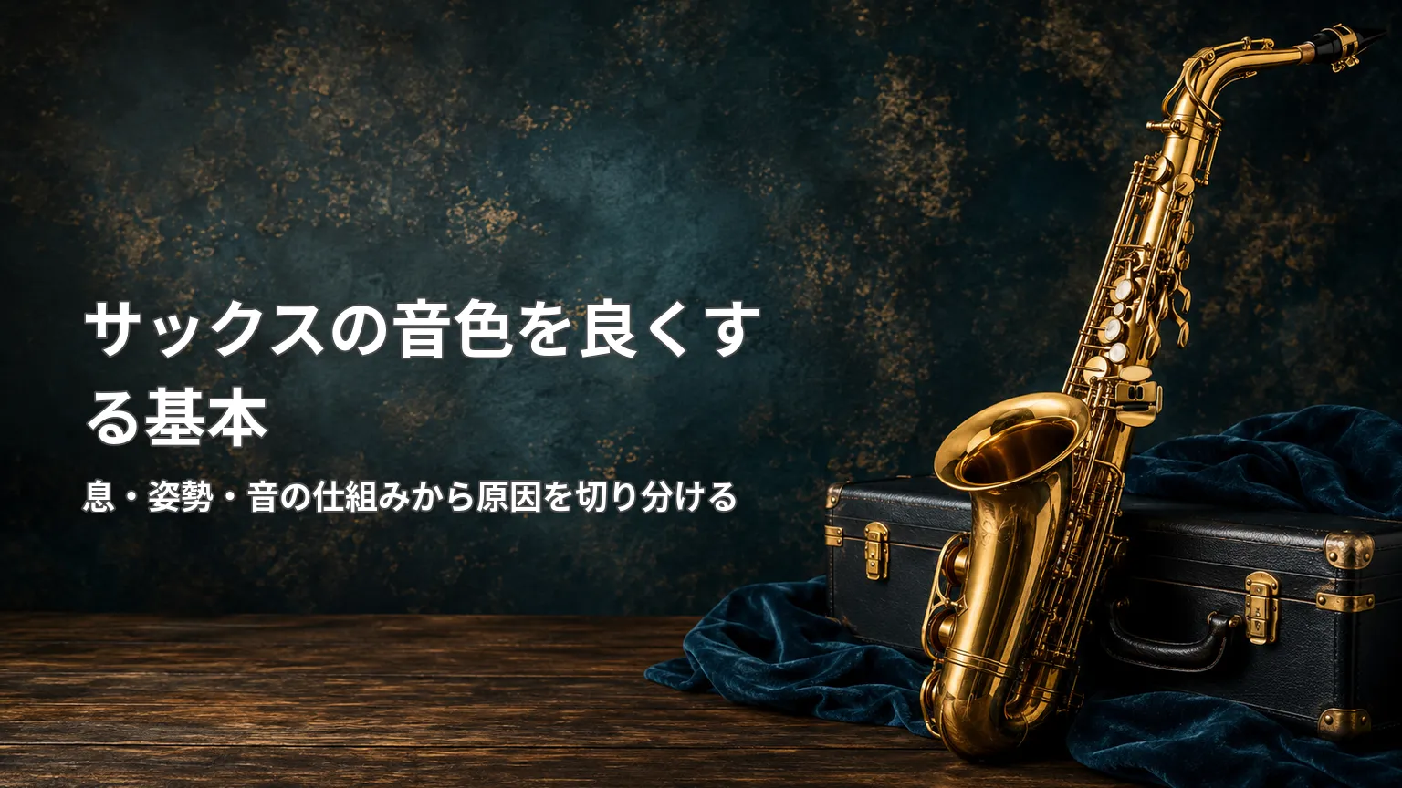 サックスとケースを背景に、息・姿勢・音の仕組みから音色を良くする基本を解説する画像