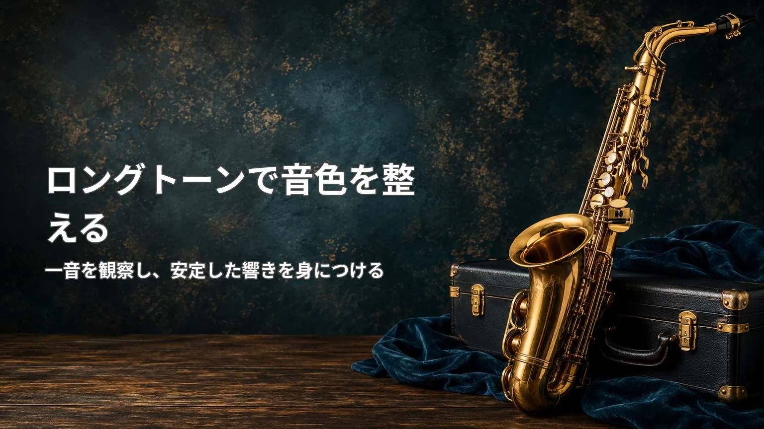 サックスとケースを背景に、一音を観察するロングトーンで安定した響きを身につける練習を示す画像