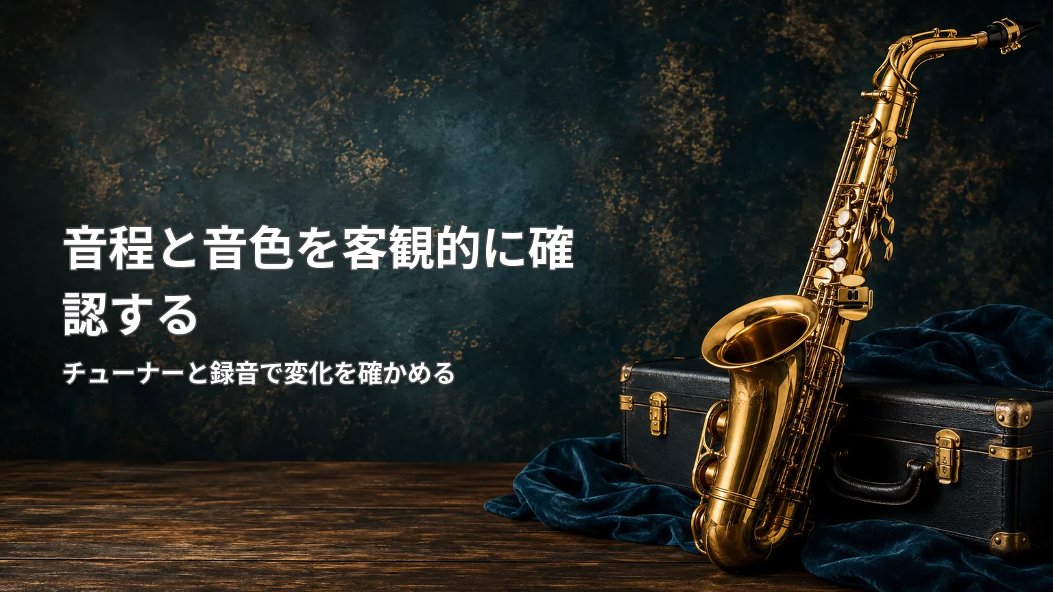サックスとケースを背景に、チューナーと録音を使って音程と音色の変化を客観的に確認する方法を示す画像