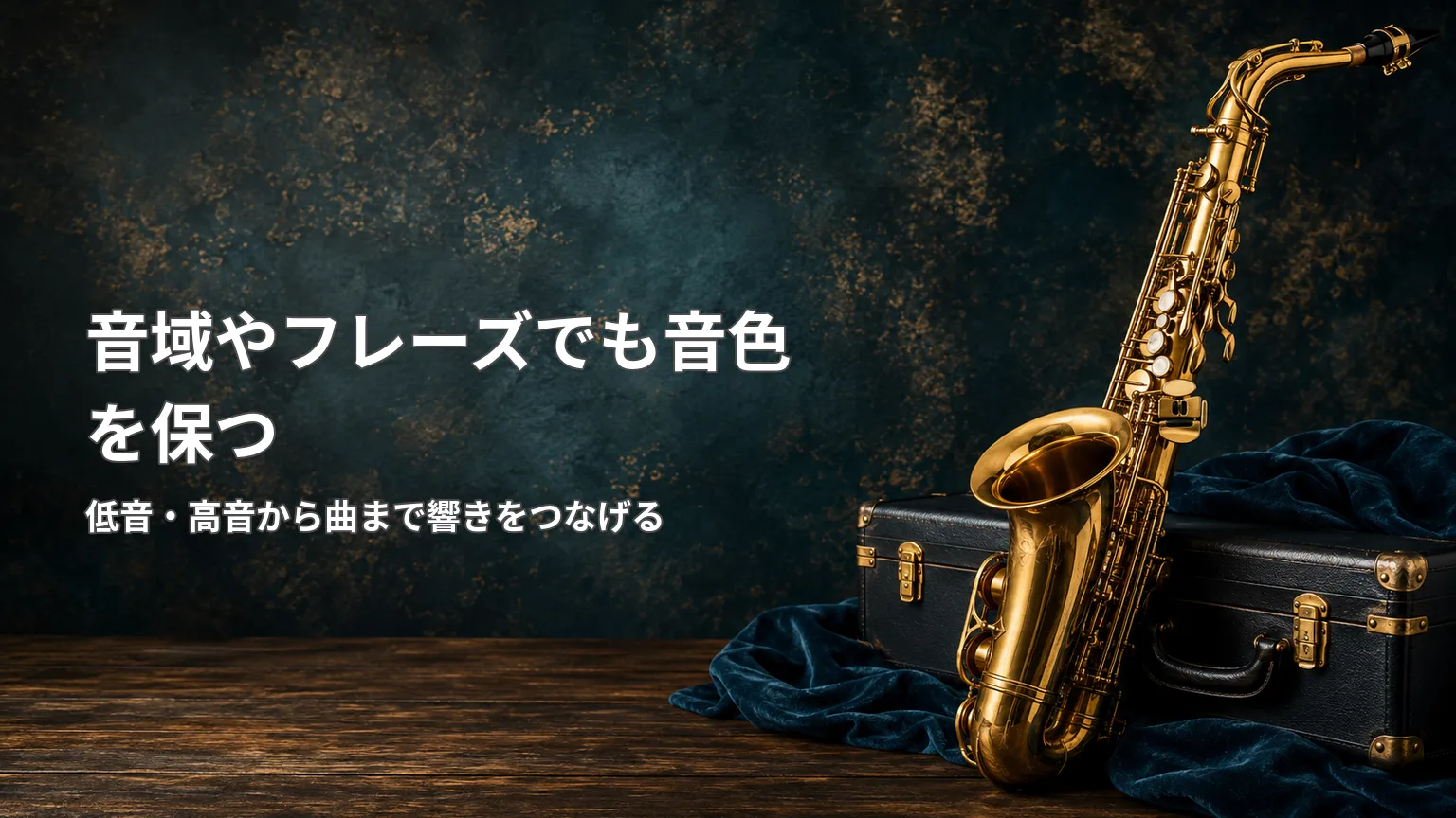 サックスとケースを背景に、低音から高音まで音域やフレーズが変わっても音色を保つ練習を示す画像