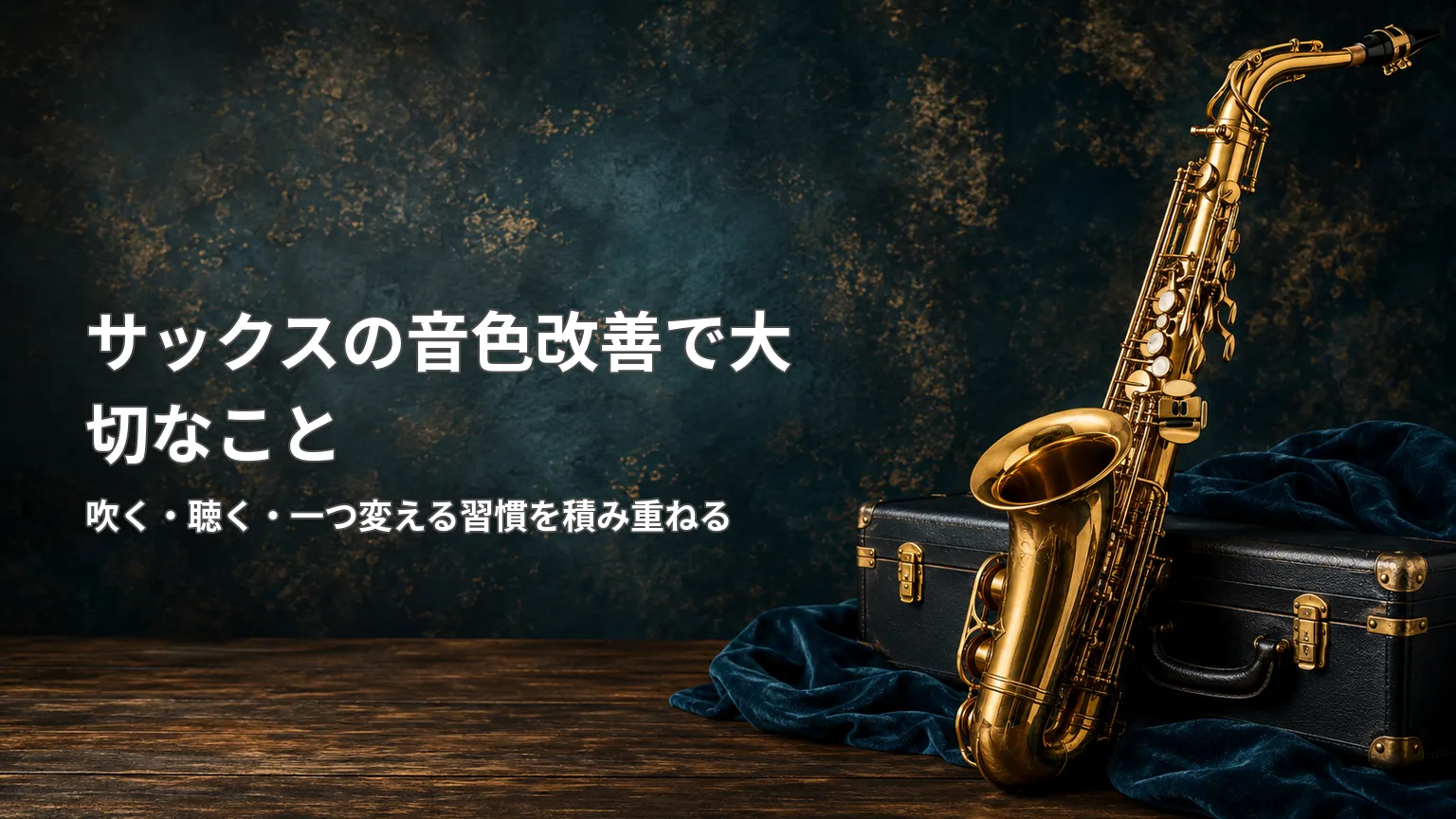 サックスとケースを背景に、吹く・聴く・一つ変える習慣を積み重ねて音色を改善する大切さを示す画像