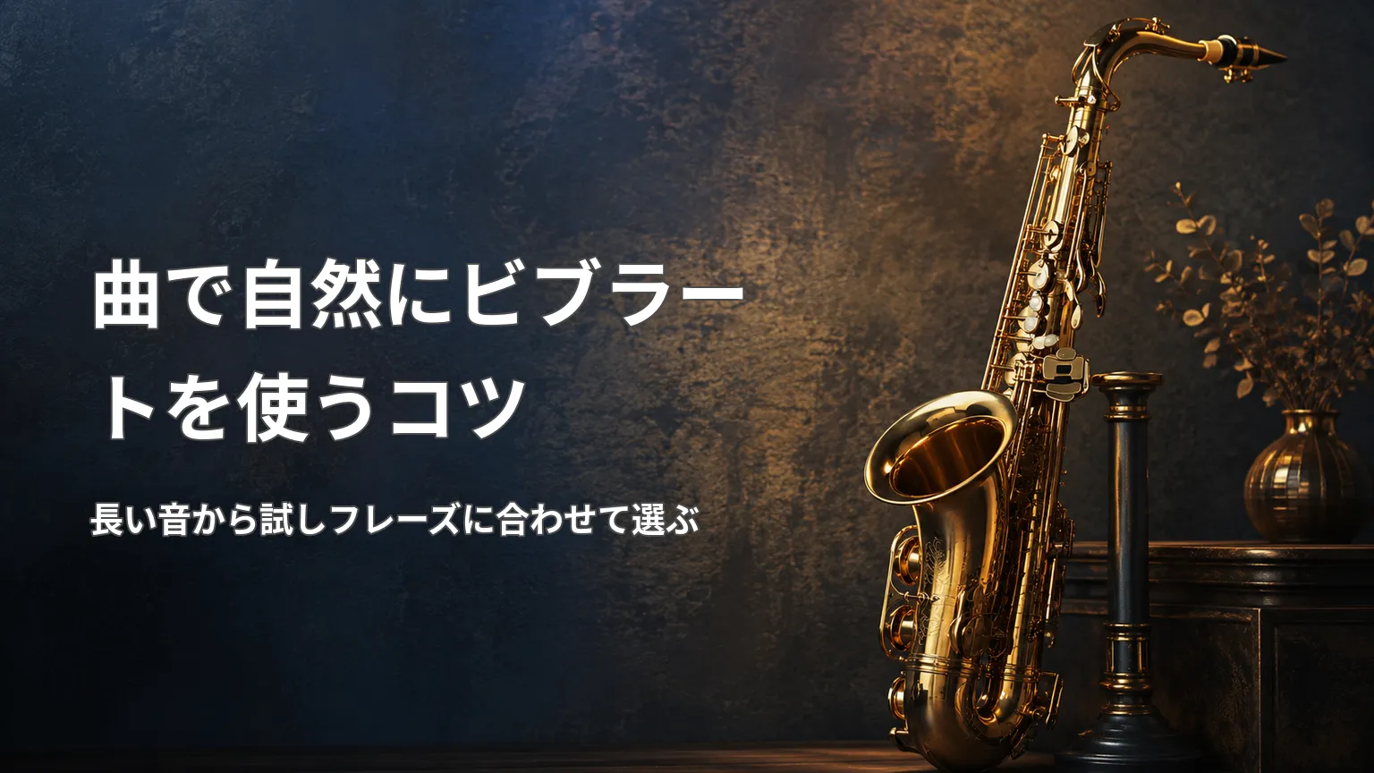 金色のサックス写真に「曲で自然にビブラートを使うコツ」「長い音から試しフレーズに合わせて選ぶ」と表示した画像