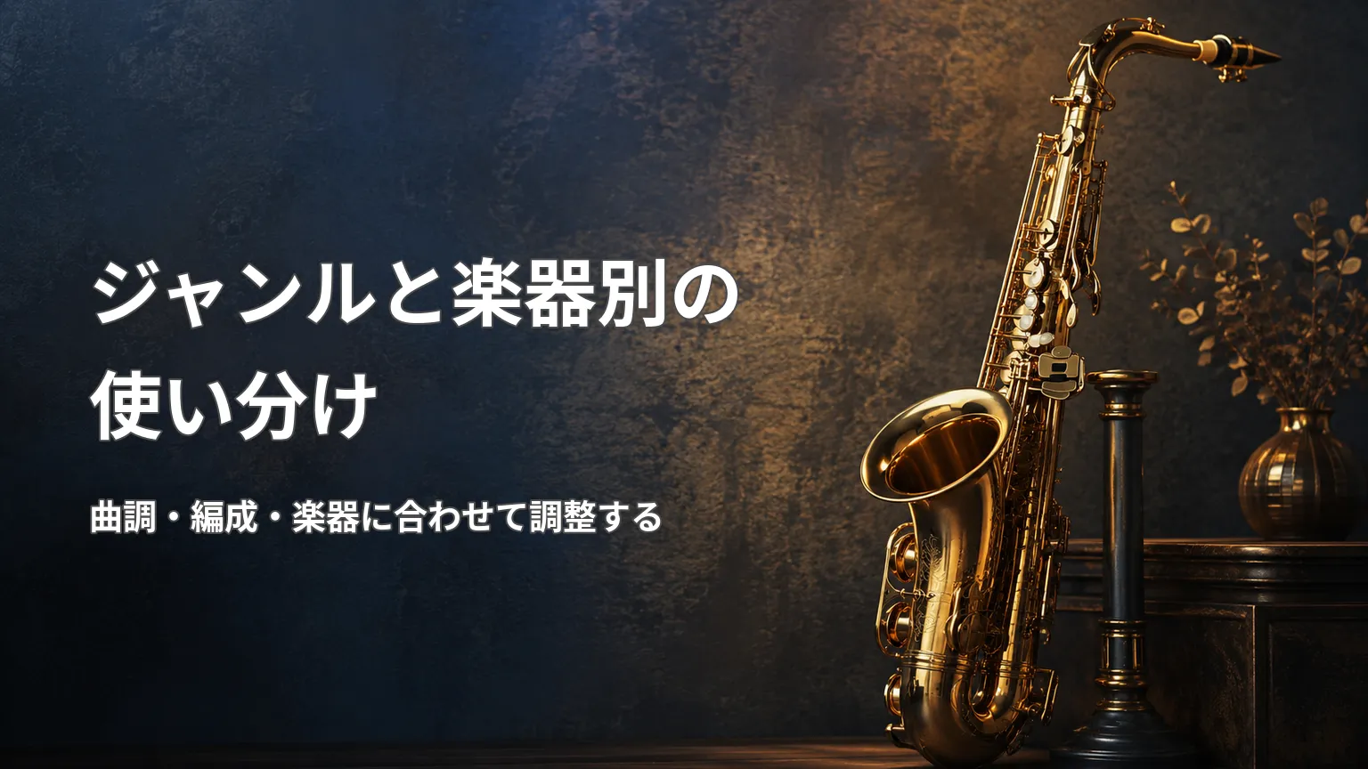 金色のサックス写真に「ジャンルと楽器別の使い分け」「曲調・編成・楽器に合わせて調整する」と表示した画像