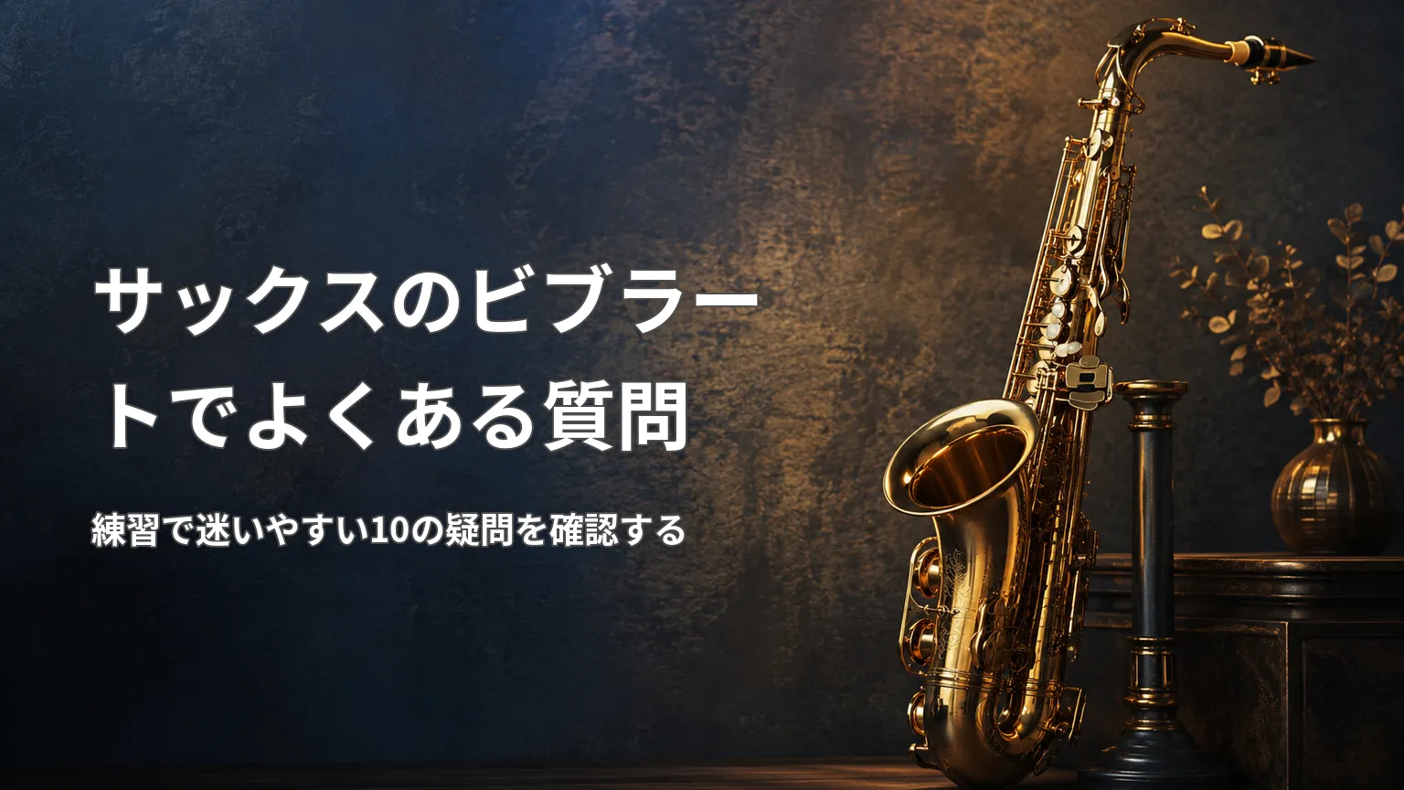 金色のサックス写真に「サックスのビブラートでよくある質問」「練習で迷いやすい10の疑問を確認する」と表示した画像