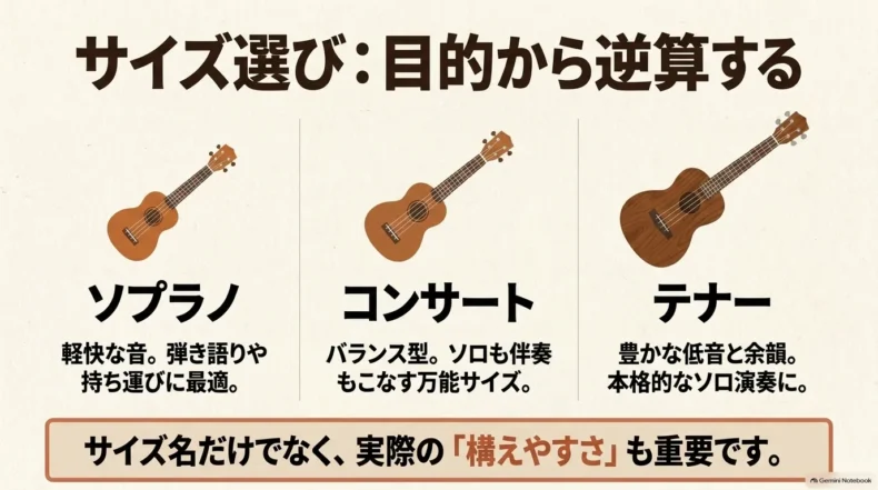 ソプラノは軽快さと持ち運び、コンサートはバランス、テナーは豊かな低音と余韻を重視するサイズ比較