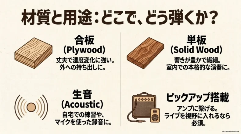 合板は丈夫で持ち出し向き、単板は豊かで繊細な響き、生音とピックアップ搭載は用途で選ぶ違い
