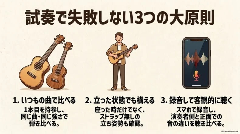 試奏では1本目と同じ曲で比較し、立った状態でも構え、スマートフォン録音で音の違いを客観的に確認する