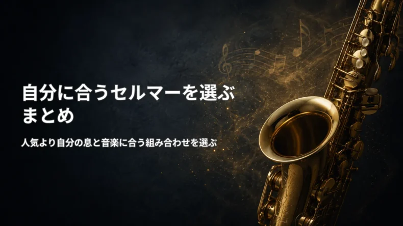 金色のサックスを背景に、人気だけでなく自分の息と音楽に合うセルマーのマウスピースを選ぶと示す画像