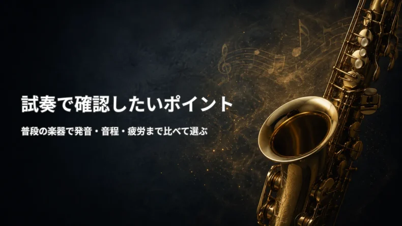 金色のサックスを背景に、試奏では普段の楽器で発音や音程、疲労まで比べて確認することを示す画像