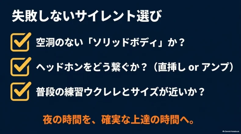 ソリッドボディ、ヘッドホンの接続方法、普段のウクレレに近いサイズを確認する購入前チェック項目