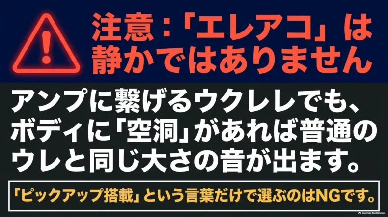 アンプ接続できるエレアコでもボディに空洞があれば普通のウクレレと同じ大きさの生音が出るという注意
