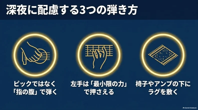 深夜は指の腹で弾き、左手を最小限の力で押さえ、椅子やアンプの下にラグを敷く3つの静音対策