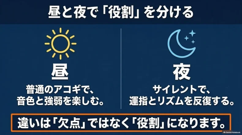 昼は普通のウクレレで音色と強弱を楽しみ、夜はサイレントで運指とリズムを反復する役割分担
