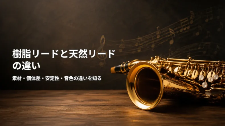 サックスと「樹脂リードと天然リードの違い」の文字を配置し、素材・個体差・安定性・音色の違いを示す画像