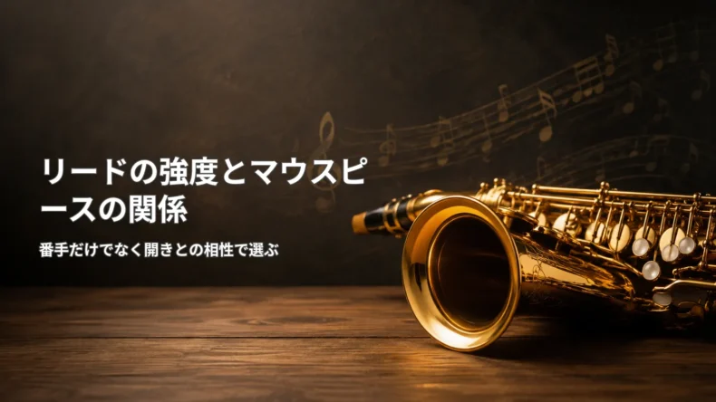 サックスと「リードの強度とマウスピースの関係」の文字を配置し、番手だけでなく開きとの相性を示す画像