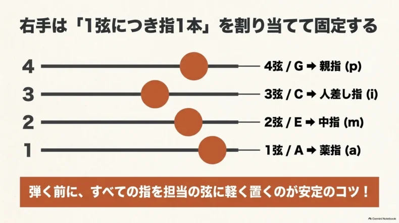 4弦Gを親指、3弦Cを人差し指、2弦Eを中指、1弦Aを薬指に固定する右手の担当