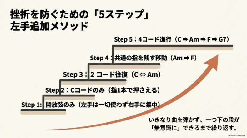 開放弦、Cコード、2コード往復、共通指を残す移動、4コード進行へ進む5段階の練習手順