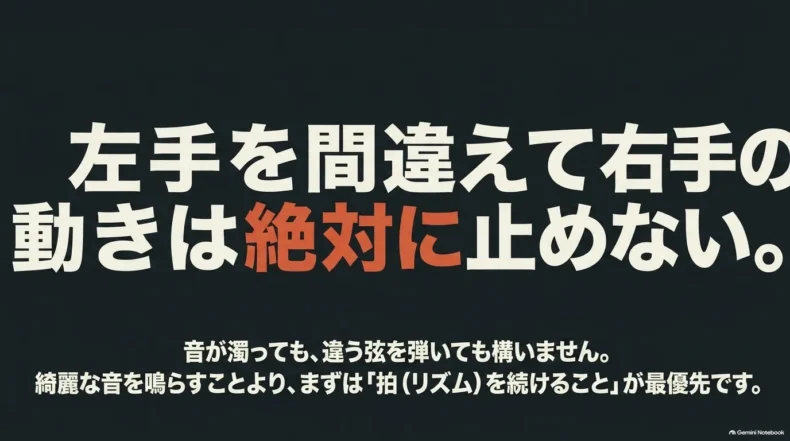 左手を間違えても右手の動きを止めず、音の濁りより拍とリズムを続けることを優先する練習