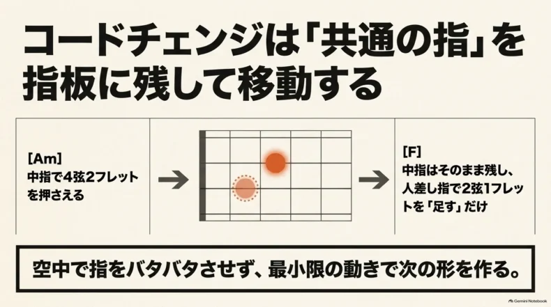 AmからFへコードチェンジするとき、中指を4弦2フレットに残して人差し指を追加する動き