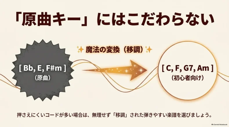Bb、E、F#mなど原曲の押さえにくいコードを、C、F、G7、Amへ移調する例