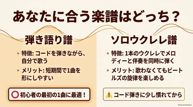 弾き語り譜はコードを弾きながら歌い、ソロウクレレ譜は1本でメロディーと伴奏を同時に弾く比較