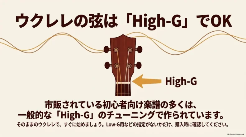 ウクレレのヘッドと4弦を示し、初心者向け楽譜の多くが一般的なHigh-G用であることを説明