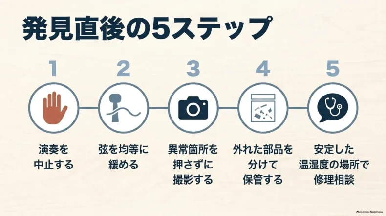 演奏中止、弦を均等に緩める、撮影、部品保管、修理相談まで発見直後に行う5つの手順