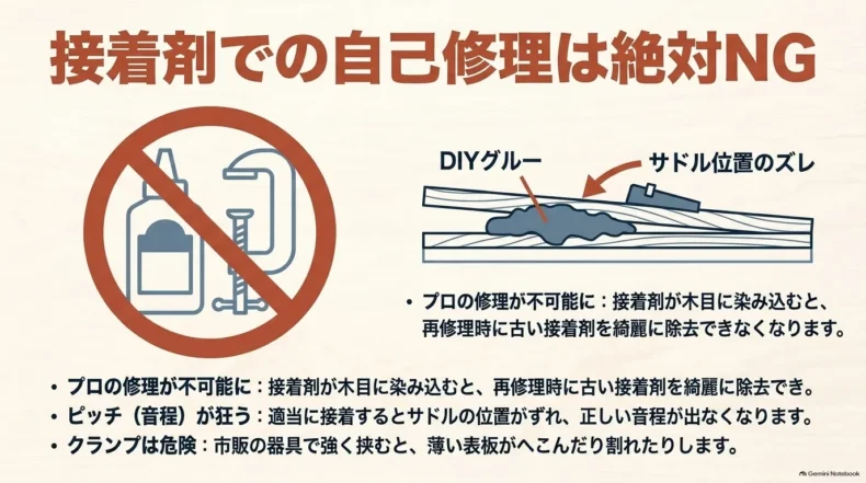 接着剤の染み込みやサドル位置のずれ、クランプによる表板損傷など自己修理の危険性