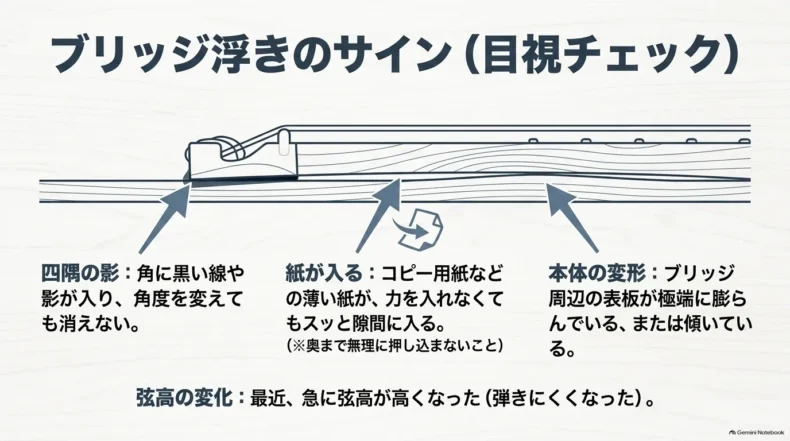 ブリッジ四隅の影、薄い紙が入る隙間、表板の膨らみや傾き、弦高変化を確認するポイント