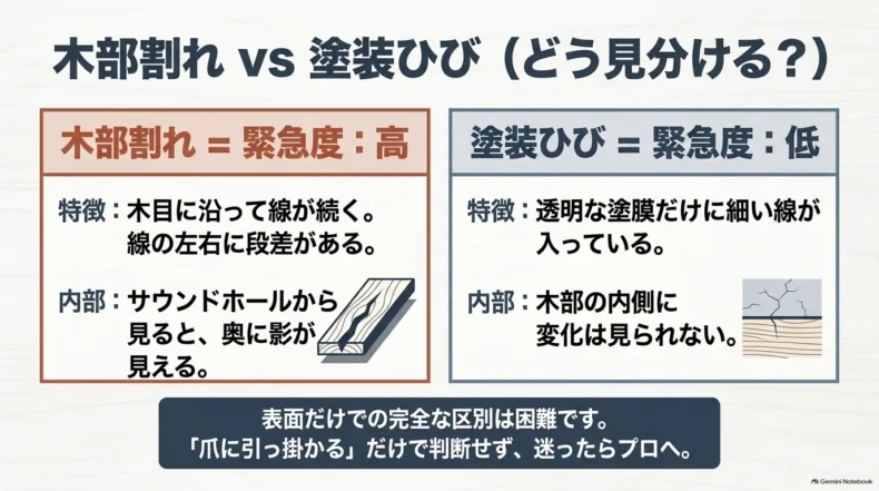 木目に沿う線や段差がある木部割れと、透明な塗膜だけに細い線が入る塗装ひびの特徴比較