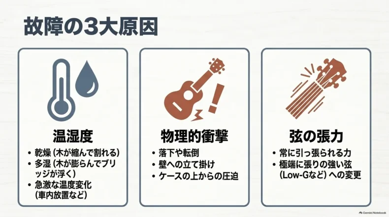 ウクレレ故障の主な原因として温湿度、落下や圧迫などの物理的衝撃、弦の張力を示した比較