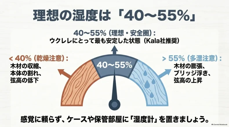 ウクレレの理想湿度40〜55%と、40%未満の乾燥、55%超の多湿で起こり得る変化