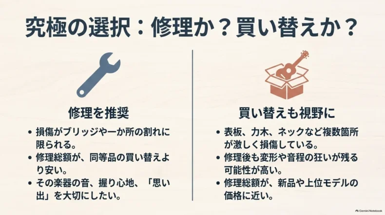 損傷範囲や修理総額、演奏性、思い入れを基準に修理と買い替えを比較する判断ポイント