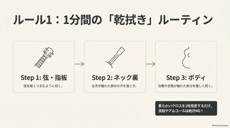 演奏後に弦と指板、ネック裏、ボディの順で柔らかいクロスを使って乾拭きする3ステップ