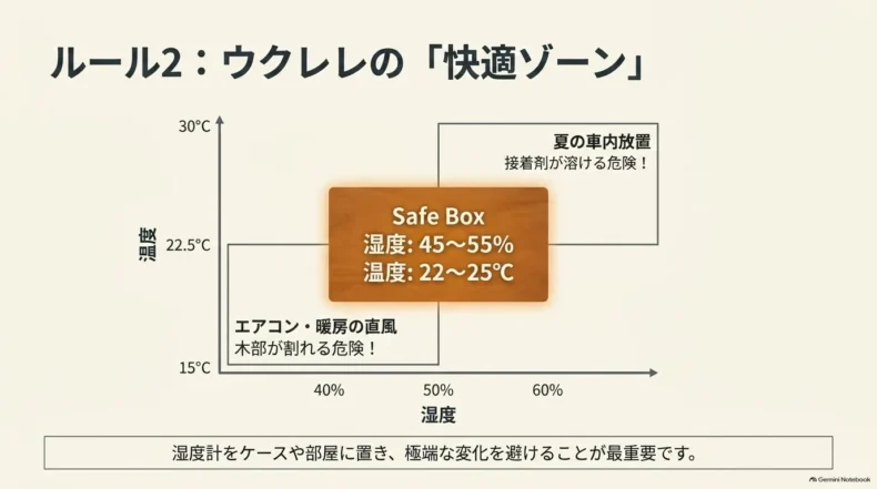 ウクレレの快適な保管環境として湿度45~55%、温度22~25℃と避けたい高温や直風を示す