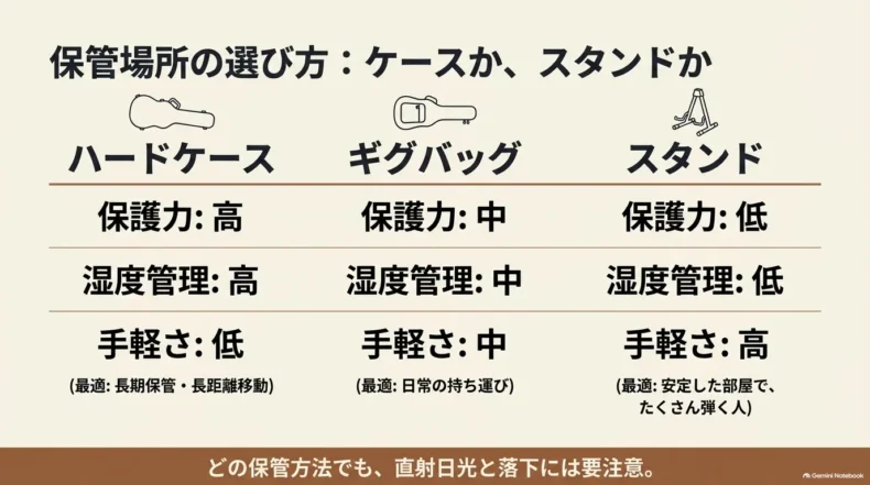 ハードケース、ギグバッグ、スタンドを保護力・湿度管理・手軽さの3項目で比較した保管方法