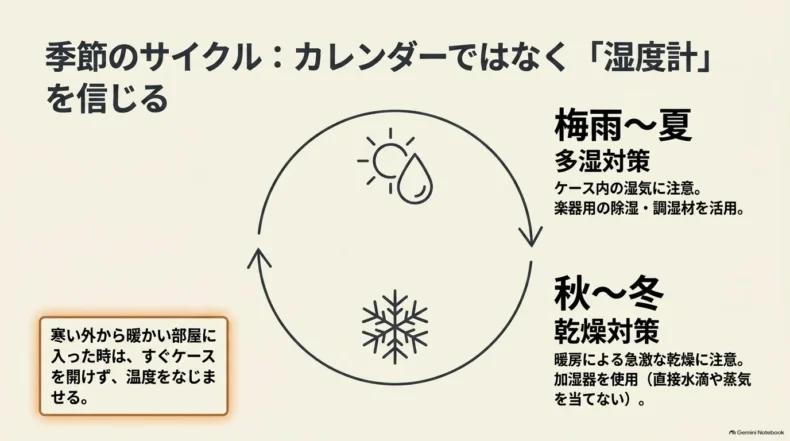 梅雨から夏は多湿対策、秋から冬は乾燥対策を行い、季節ではなく湿度計を基準に管理する流れ