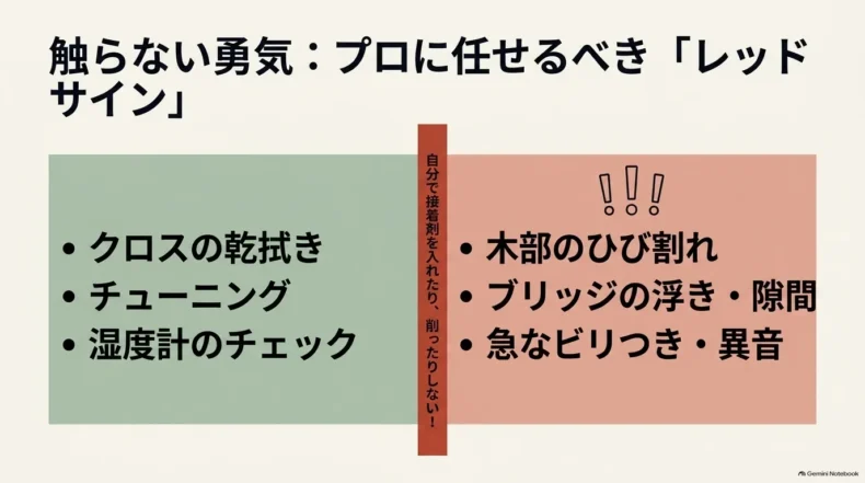 乾拭き・チューニング・湿度確認は自分で行い、木部のひびやブリッジの浮き、急な異音は専門店へ相談する目安