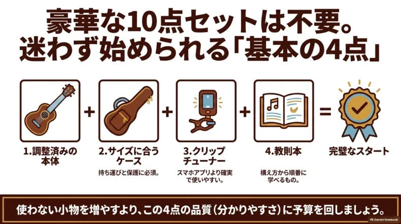 迷ったら一緒に選ぶ、サプライズなら調整済み4点セット、弾き続けられることを優先する3つの要点