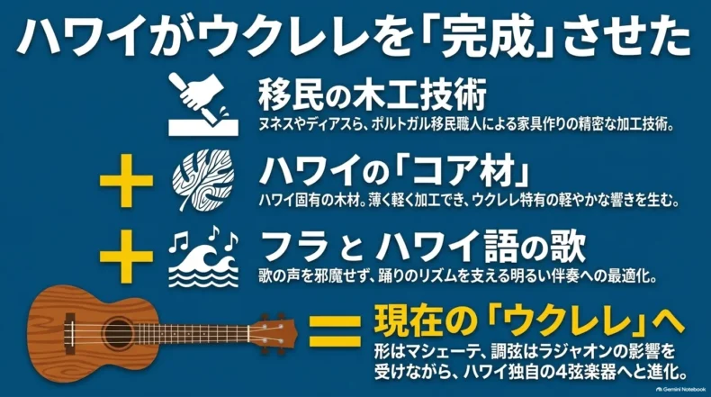移民の木工技術、ハワイのコア材、フラとハワイ語の歌が結び付き、現在のウクレレへ発展した流れを示している