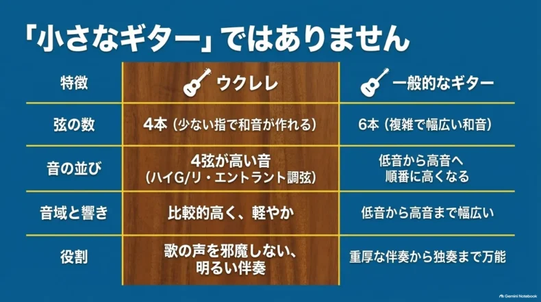 ウクレレと一般的なギターについて、弦数、音の並び、音域と響き、伴奏での役割の違いを比較している
