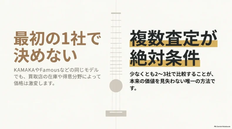 同じモデルでも買取店で価格が変わるため、少なくとも2～3社の複数査定を勧める説明