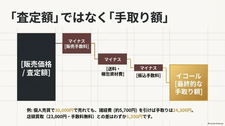 販売価格や査定額から販売手数料、送料・梱包費、振込手数料を引いて最終的な手取り額を比べる流れ